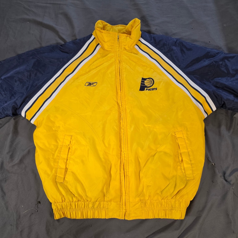 Vintage Reebok Indiana Pacers Puffer Jacket Mens Large Yellow Navy Blue NBA Y2K